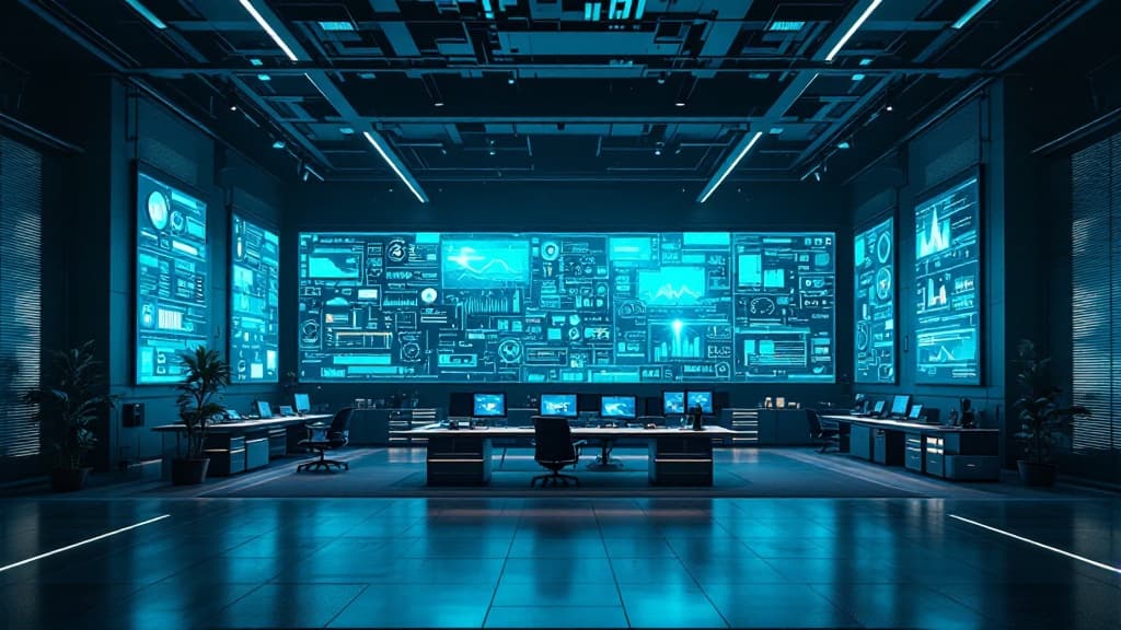 Modern engineering studio interior with large screens of abstract data and clean architectural lines.