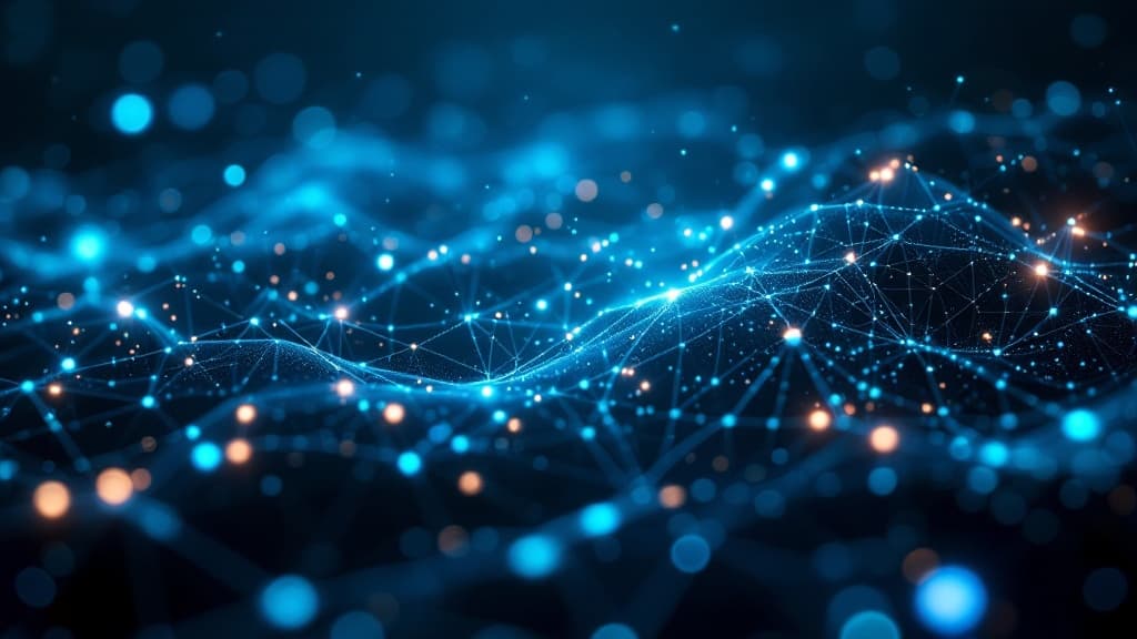 Abstract neural network of luminous nodes and data pathways forming an intelligent structure.