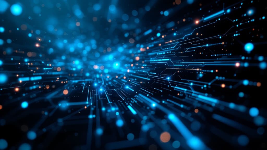 Abstract network of glowing automation nodes and light streams flowing through a dark space.