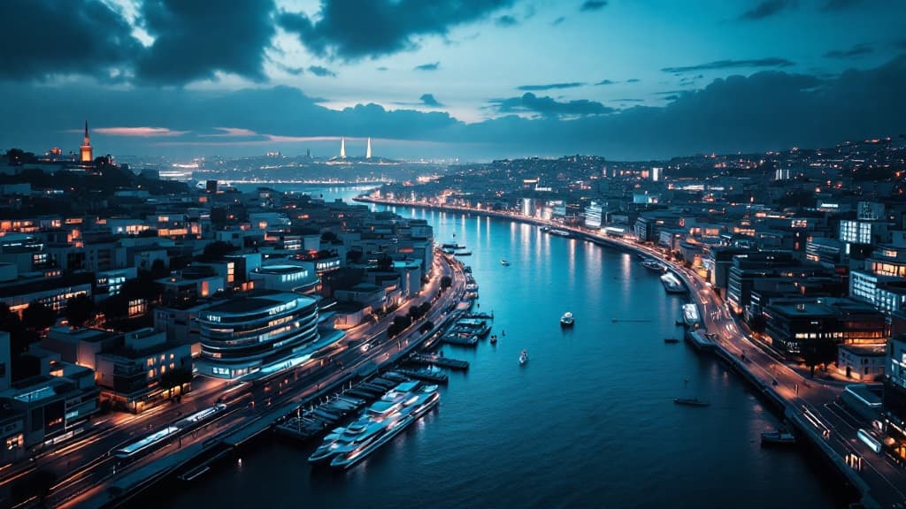 Aerial view of a modern European coastal technology city along a river at blue hour.