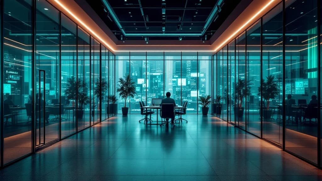 Modern collaborative technology office interior with glass walls and warm teal-accented light.