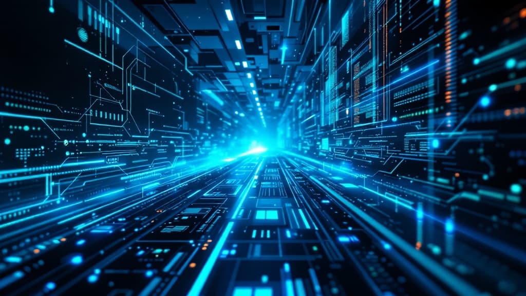 Abstract cinematic view of advanced technology infrastructure with flowing streams of blue data.