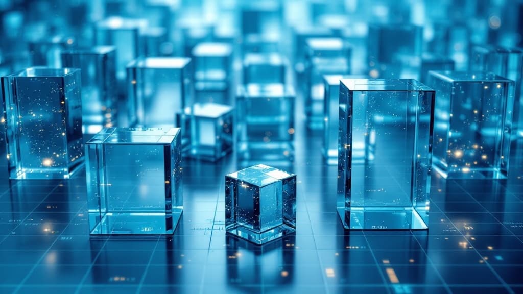 Crystalline glass blocks of measured heights on a precise grid, representing transparent pricing.