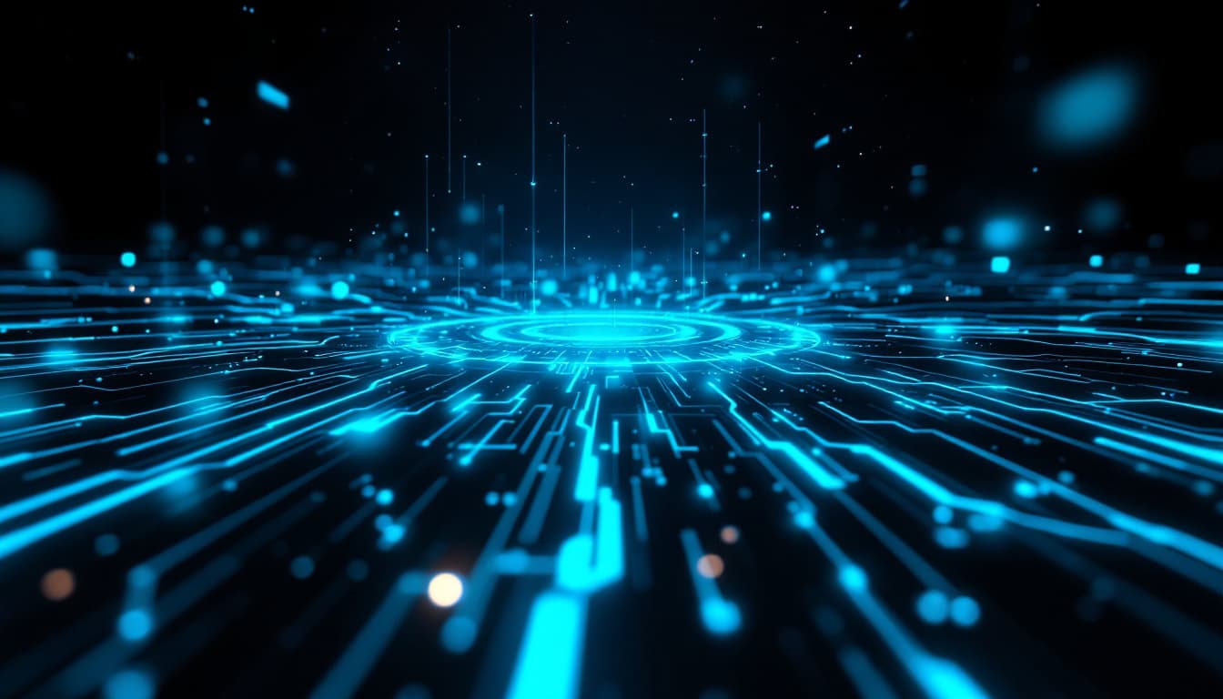 Abstract cinematic visualisation of an autonomous agent operating a live advertising system, teal data streams converging into a single decision node.